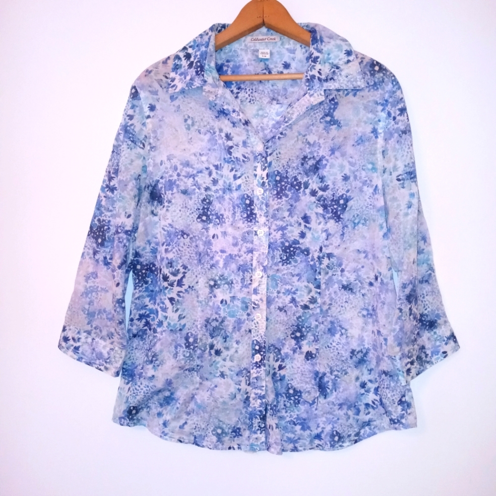 Coldwater Creek size L semi-sheer blue & white floral long sleeve cotton blouse